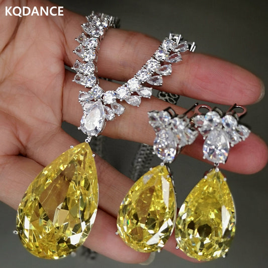 Citrine Moissanite Diamond Tennis Chain Necklaces & Earrings Jewelry Sets with Big Yellow Stone
